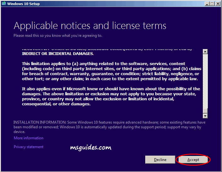 Windows 10 Setup - Applicable notices and license terms