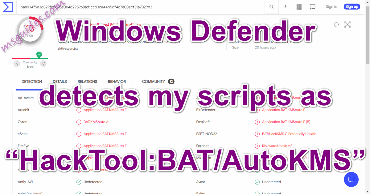 Windows defender detects my scripts as hacktool bat autokms