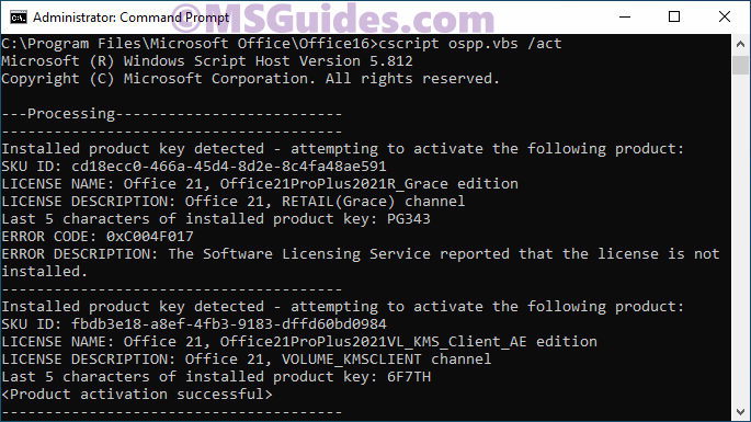 Use act command to activate Office 2021